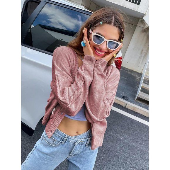 Womens Long Sleeve Open Front Flower Knit Cardigan Aesthetic Shrug Outfits - Picture 4 of 6